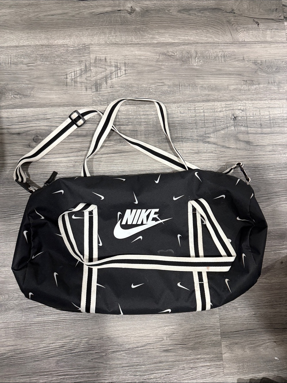 Nike Black Duffel with White Swoosh and Straps